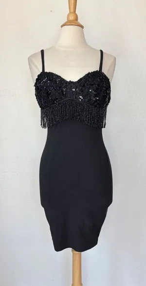 Vintage Black Beaded Fringe Mini Bodycon Dress thumbnail 1
