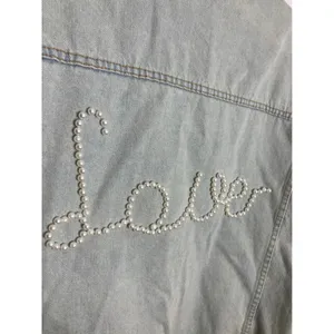 POL Denim Jacket Womens Medium Light Blue Excellent Pearl Love Embellished TWJ19 thumbnail 7