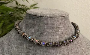 Y2K RARE Silver tone iridescent beaded glass resin gemstone choker necklace #fairy #grunge #subversive #whimsygoth #gothic festival jewel thumbnail 2