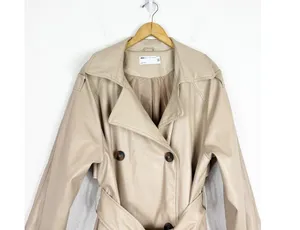 ASOS DESIGN Tan Faux Leather Trench Coat Size 12 Long Preppy Chic Minimalist thumbnail 4