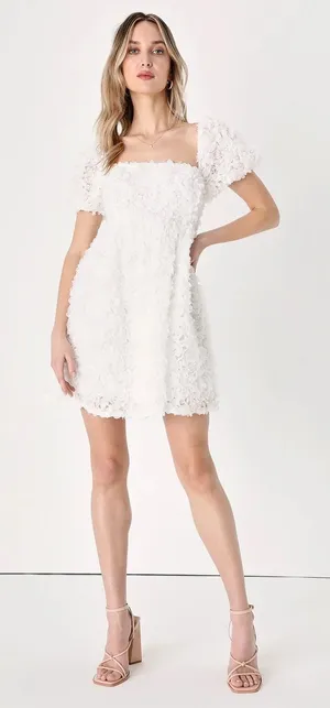 Precious Passion White Floral Puff Sleeve Babydoll Dress thumbnail 1