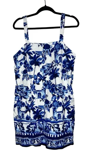 LOFT Blue White Linen Blend Tropical Landscape‎ Toile Shift Dress Size 10 NWTn thumbnail 1