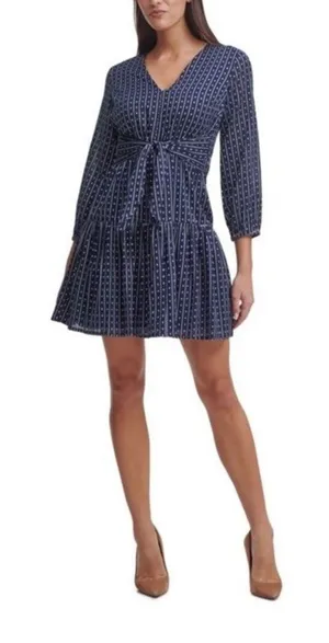 Tommy Hilfiger Women's Petite Long Sleeve Tie Tiered Skirt 3/4 Sleeve Blue $119 thumbnail 1
