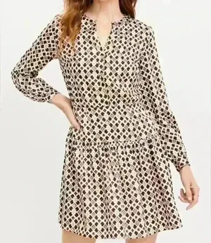 Loft by Ann Taylor Geometric‎ Floral Long Sleeve Mini Dress Brown Pink Retro thumbnail 1