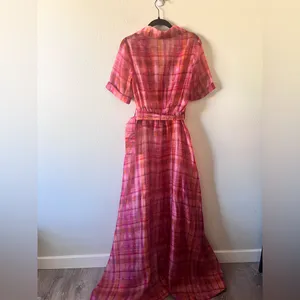 NWT STAUD Millie Dress Pink Plaid Sheer Maxi Bohemian Lagenlook Beachy Size 4 thumbnail 9