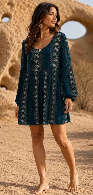 entro Teal Floral Boho Babydoll Mini Dress thumbnail 1