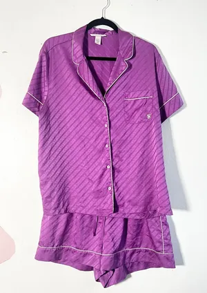 Victoria's Secret Satin Pajama Set Large Purple Logo Shorts Lightweight thumbnail 1