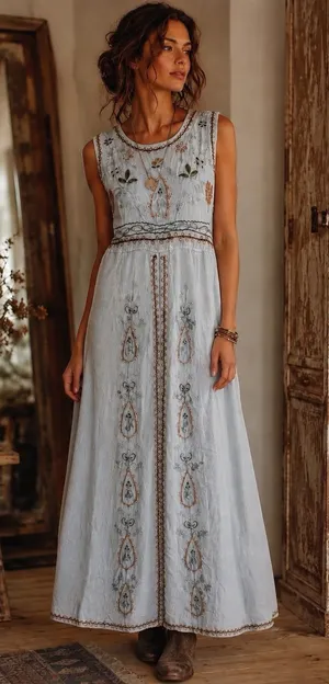 Vtg 90s MPH Gray Floral Embroidered Sleeveless Boho Maxi Dress Large Lagenlook thumbnail 1