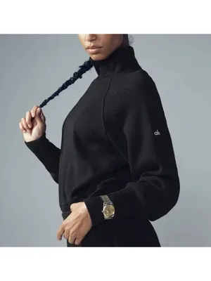 Alo Waffle Weekend Escape Mock Neck Long Sleeve Black Turtleneck Thermal Sweater thumbnail 5