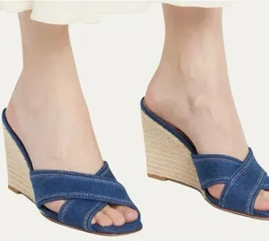 Veronica Beard Edna Denim Wedge Espadrille Sandals Size 8.5 Minimalist Preppy thumbnail 1
