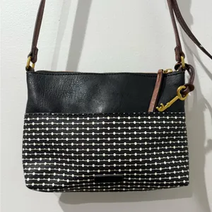 Fossil Fiona Striped Crossbody Bag Purse Handbag Black White Brown‎ With Key N thumbnail 1