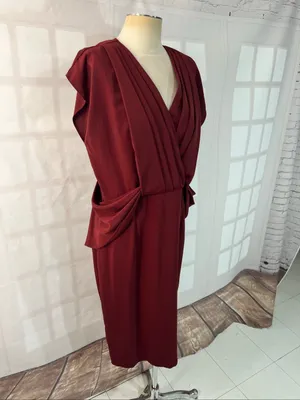 ASOS Oxblood Drape Front Pleated Short Cap Sleeve Midi Pencil Dress Size 14 thumbnail 2