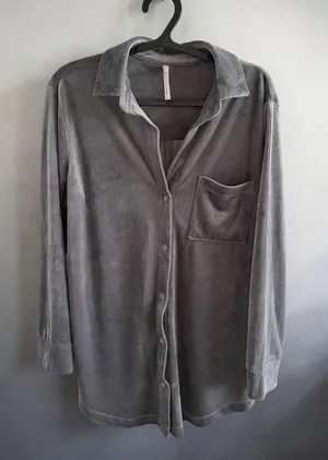 Soma Intimates Sunday Shacket Velour Corduroy Button Down Sleep‎ Shirt in Grey thumbnail 1