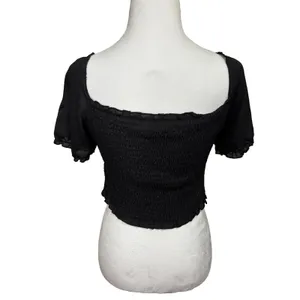 Smocked‎ Crop Top Black Square Neck Puff Sleeve Ruffle Trim Cottage Festival S thumbnail 3
