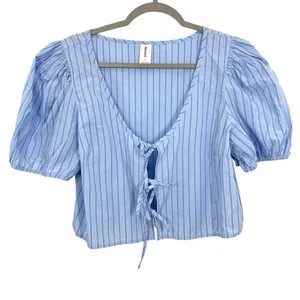 Abound Blue Striped Puff Sleeve Square Neck Tie Front Crop‎ Top Womens L thumbnail 1