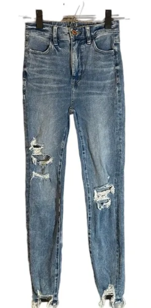 American Eagle Women’s Blue Distressed Shark Bite Fringe Denim Jeans Size 0R thumbnail 1