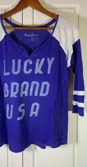 Y2K Lucky Brand Shirt Womens XS‎ Colorblock Purple Sporty 3/4 Sleeve READ thumbnail 1
