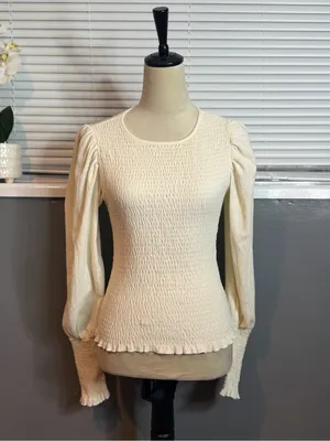 Anthropologie Ivory Smocked Puff Sleeve Peplum Top Small thumbnail 4