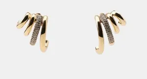 Zara Trendy Stack Stacked Gold Metal Ear Cuff Huggies Earrings Rhinestones NWT thumbnail 1