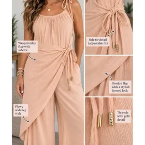 Free People Peach Blush Wide Leg Wrap Overlay Jumpsuit Medium Cotton Gauze Tie thumbnail 4