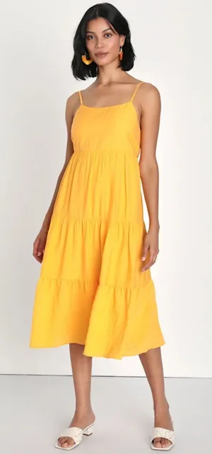 Lulus Golden Yellow Tiered Tie-Back Midi Dress thumbnail 1