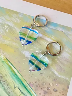 Handmade retro vintage fairy whimsical style quality Czech glass heart beads dangle earrings🩵 thumbnail 5