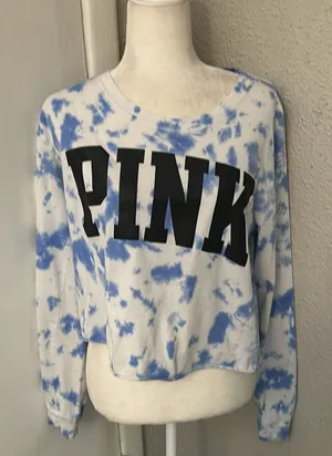 PINK Victoria’s Secret Long Sleeve Tie Dye Crop Top Blue/White L Casual Active thumbnail 1