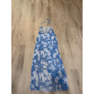 Blue Cloud Print Halter Swim Cover Up Maxi Dress Beach Resort Side Slit thumbnail 3