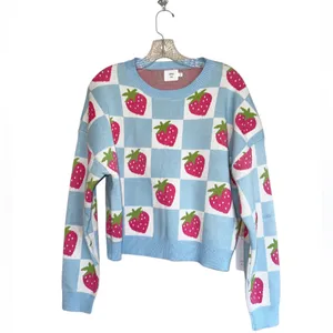 NWT Luna Ivy X Anthropologie Blue Checkered Strawberry Pullover Sweater Farm M thumbnail 7