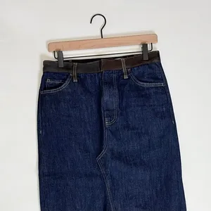 ZARA ZW Collection Denim Midi Skirt Contrast Suede Waistline Blue Pockets Small thumbnail 3