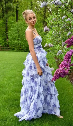 Macy's Purple and White ruffled Prom dress thumbnail 1