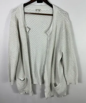 Talbots Cardigan 1X Ivory‎ Metallic Open Front Pointelle Knit Sweater Pockets thumbnail 1