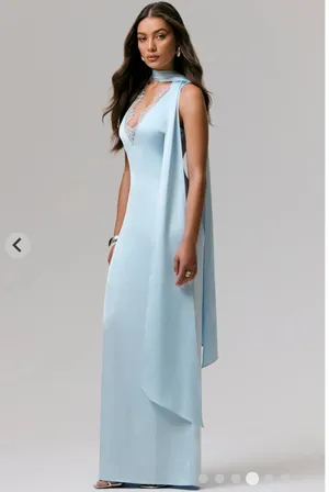 Club L Powder blue satin v-neck maxi slip dress with sash thumbnail 3