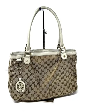 Gucci Sukey Medium Tote Monogram Canvas White Trim Pleated Handbag Charm thumbnail 1