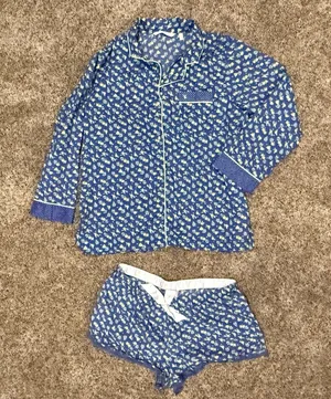 Victorias Secret Blue Floral Polka Dot Pajama Set Long Sleeve Top Shorts Large thumbnail 1