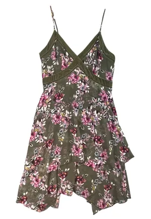 White House Black Market Olive Green Floral‎ Handkerchief Hem Midi Dress Size 8 thumbnail 1