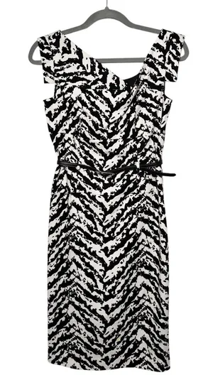 Adrienna Papell Black White Zebra Print Belted Asymmetrical Dress Size 4 thumbnail 1
