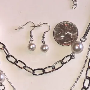 Classic Silver Tone Chain Faux Pearl Layered Necklace & Earrings Set thumbnail 4