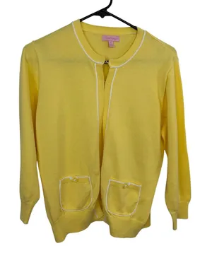 Lilly Pulitzer Cardigan Womens S/M Yellow White Cotton Open Front Knit Sweater thumbnail 1