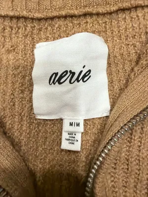 Aerie CozyUp Waffle Knit Quarter Zip Sweater Cappuccino Brown Medium Oversized thumbnail 3