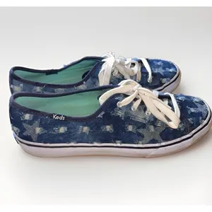 VTG Keds Champion 9.5 Blue Distressed Denim Star Low Top Sneakers Rubber SOle thumbnail 4