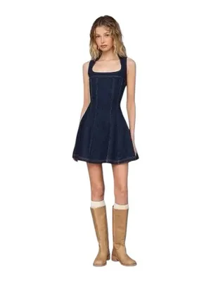 Avec Les Filles 𖦹 Sleeveless A-Line Skater Mini Dress 𖦹 Royal Rinse Denim 𖦹 0 thumbnail 2