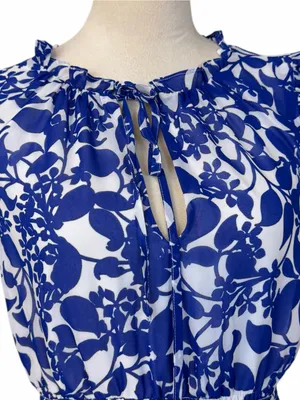 Sugar Lips Midi Dress Size M Floral Ruffle Smocked Tiered Blue White Tie Neck thumbnail 10