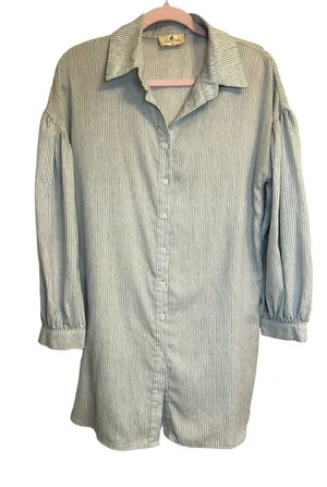 Blue and White Striped Palms Away Shirt Dress - Size M thumbnail 1