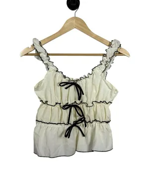 Sugarkiss Women’s Contrast Trim Ruffle Bow Top Ivory/Black Size L thumbnail 2