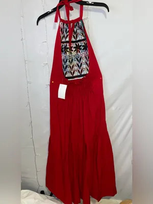 Red Embroidered Boho Maxi Dress with Multicolor Floral Yoke thumbnail 3