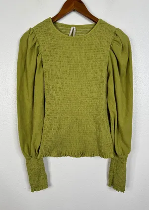 Anthropologie Smocked Puff Sleeve Top Chartreuse Green Textured Blouse Small thumbnail 1