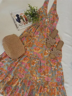 ZESICA Boho Retro Floral Halter Maxi Dress Pink Orange Tiered Sun Dress Large thumbnail 8