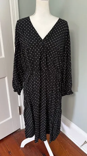Old Navy Black Polka‎ Dot V-Neck Midi Dress Long Sleeve Size 2X thumbnail 1