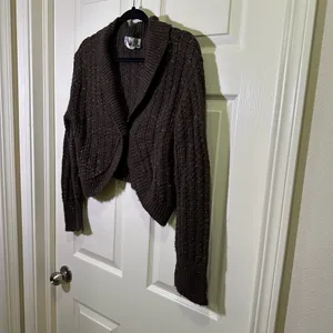 Y2K Sweater Cardigan Brown Tinsel Sz XL Single Button Curved Cropped Cable Knit thumbnail 4